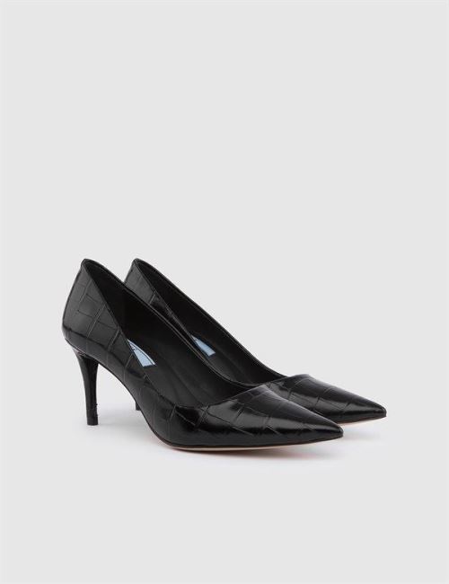 Sedef Zilina Hakiki Kroko Deri Kadın Siyah Stiletto 